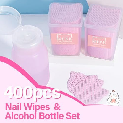 MEKK Lint Free Nail Wipes with Acetone Dispenser Set - 400 Cat-Shaped Wipes & 200ml Anti-Corrosion Pump Dispenser for Acetone, Alcohol, Nail Polish Remover