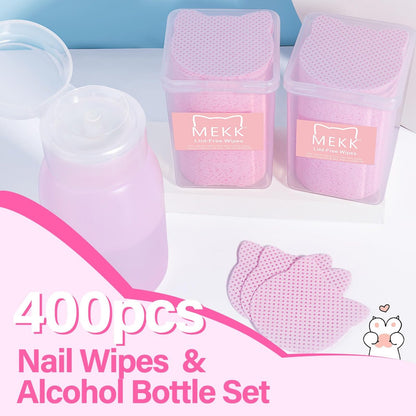 MEKK Lint Free Nail Wipes with Acetone Dispenser Set - 400 Cat-Shaped Wipes & 200ml Anti-Corrosion Pump Dispenser for Acetone, Alcohol, Nail Polish Remover