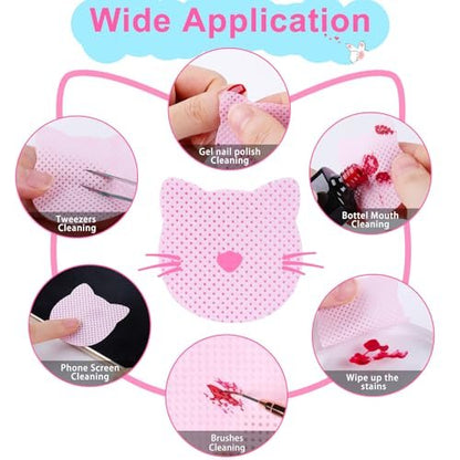 MEKK Lint Free Nail Wipes with Acetone Dispenser Set - 400 Cat-Shaped Wipes & 200ml Anti-Corrosion Pump Dispenser for Acetone, Alcohol, Nail Polish Remover