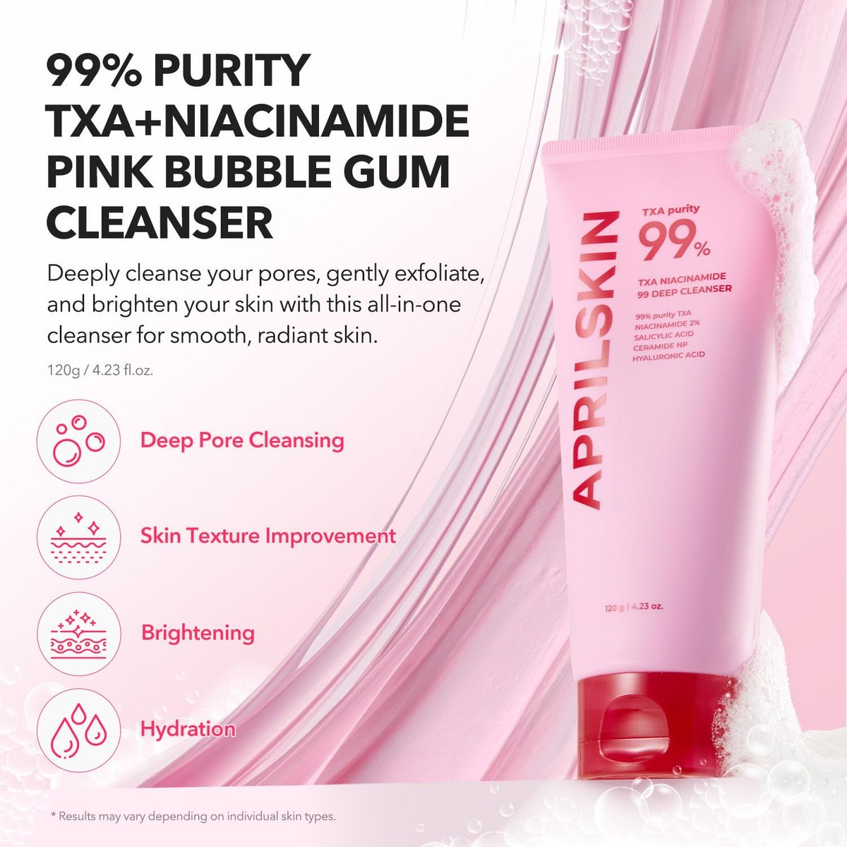 APRILSKIN TXA Niacinamide 99 Pore Care Pink Bubble Gum Deep Cleanser - 99% High-Purity TXA+Niacinamide All-in-One Cleanser for Deep Cleansing, Blackhead Care, Pore Care, Moisturizing - 4.23 fl.oz. - görsel 3