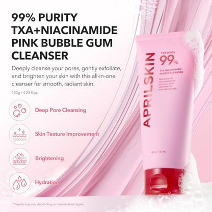 APRILSKIN TXA Niacinamide 99 Pore Care Pink Bubble Gum Deep Cleanser - 99% High-Purity TXA+Niacinamide All-in-One Cleanser for Deep Cleansing, Blackhead Care, Pore Care, Moisturizing - 4.23 fl.oz.