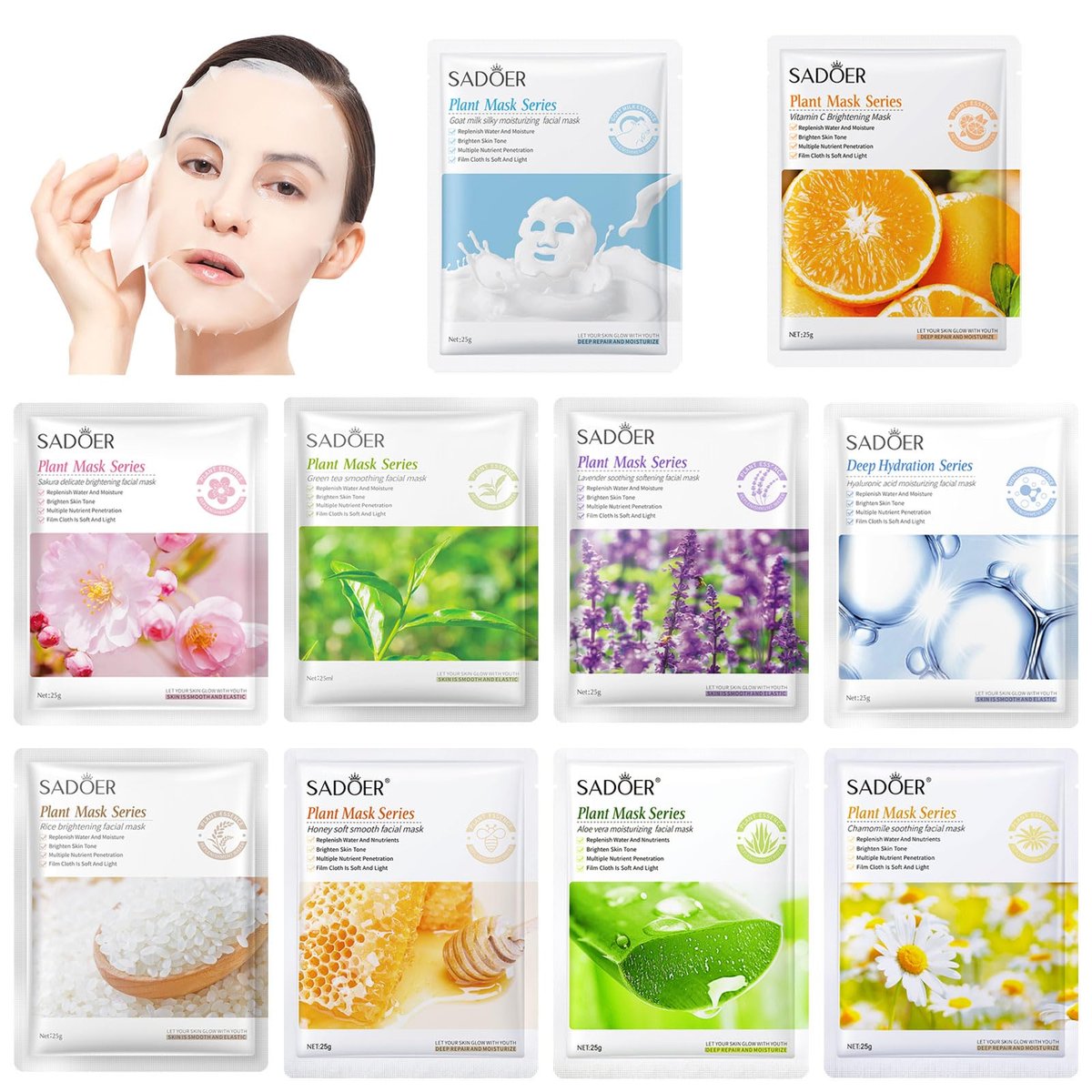 YiJiaBa 10-Pack Collagen Sheet Face Masks - Fruit Hydrating Facial Mask Set for Glowing Skin, Bulk Spa Party Pack for Women & Men - görsel 2