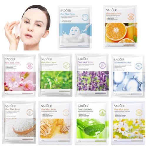 YiJiaBa 10-Pack Collagen Sheet Face Masks - Fruit Hydrating Facial Mask Set for Glowing Skin, Bulk Spa Party Pack for Women & Men - görsel 1