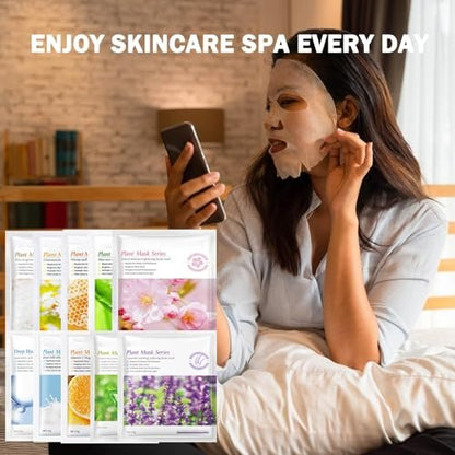 YiJiaBa 10-Pack Collagen Sheet Face Masks - Fruit Hydrating Facial Mask Set for Glowing Skin, Bulk Spa Party Pack for Women & Men