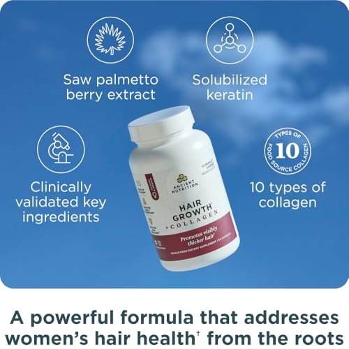 Ancient Nutrition Hair Growth + Collagen Supplement – Hydrolyzed Collagen Peptides with Clinically Studied Superfoods for Thicker, Fuller Hair & Radiant Skin, 60 Count Avelisse