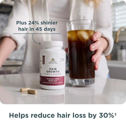 Ancient Nutrition Hair Growth + Collagen Supplement – Hydrolyzed Collagen Peptides with Clinically Studied Superfoods for Thicker, Fuller Hair & Radiant Skin, 60 Count Avelisse