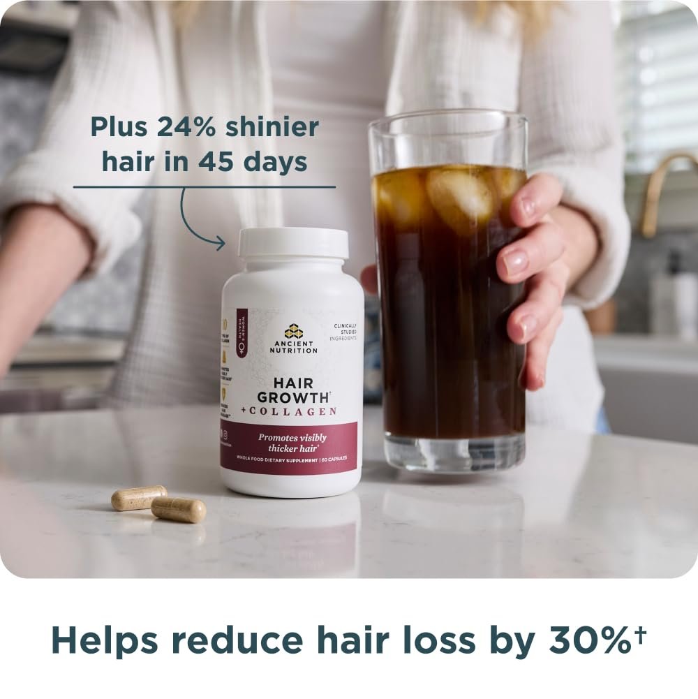 Ancient Nutrition Hair Growth + Collagen Supplement – Hydrolyzed Collagen Peptides with Clinically Studied Superfoods for Thicker, Fuller Hair & Radiant Skin, 60 Count Avelisse