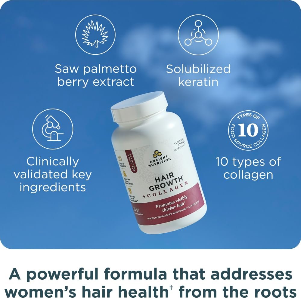 Ancient Nutrition Hair Growth + Collagen Supplement – Hydrolyzed Collagen Peptides with Clinically Studied Superfoods for Thicker, Fuller Hair & Radiant Skin, 60 Count Avelisse