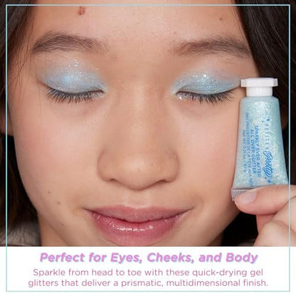 Petite 'n Pretty Sparkle Storm Makeup Gift Set for Kids, Tweens & Teens - Cool Vibes Eye & Cheek Palette, Brushes, 10K Shine Lip Gloss, Sparkly Ever After All Over Glitter in Blue Sherpa Bag Avelisse