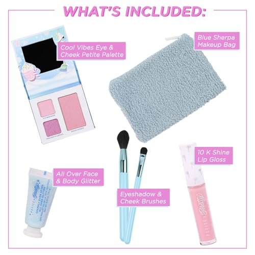 Petite 'n Pretty Sparkle Storm Makeup Gift Set for Kids, Tweens & Teens - Cool Vibes Eye & Cheek Palette, Brushes, 10K Shine Lip Gloss, Sparkly Ever After All Over Glitter in Blue Sherpa Bag Avelisse