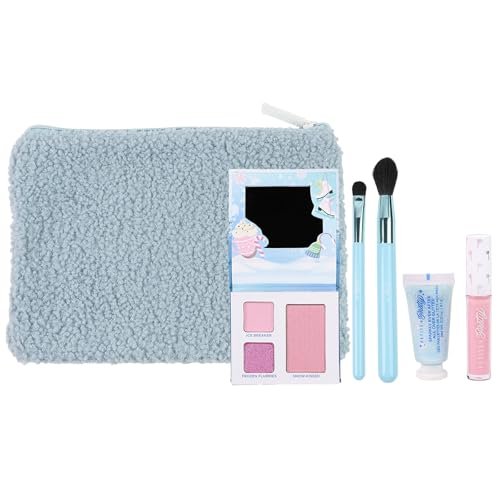Petite 'n Pretty Sparkle Storm Makeup Gift Set for Kids, Tweens & Teens - Cool Vibes Eye & Cheek Palette, Brushes, 10K Shine Lip Gloss, Sparkly Ever After All Over Glitter in Blue Sherpa Bag Avelisse