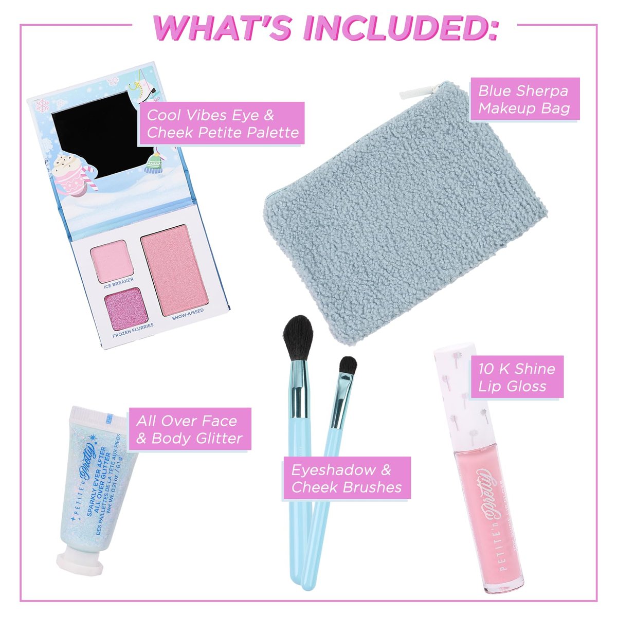 Petite 'n Pretty Sparkle Storm Makeup Gift Set for Kids, Tweens & Teens - Cool Vibes Eye & Cheek Palette, Brushes, 10K Shine Lip Gloss, Sparkly Ever After All Over Glitter in Blue Sherpa Bag Avelisse