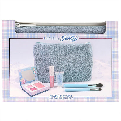 Petite 'n Pretty Sparkle Storm Makeup Gift Set for Kids, Tweens & Teens - Cool Vibes Eye & Cheek Palette, Brushes, 10K Shine Lip Gloss, Sparkly Ever After All Over Glitter in Blue Sherpa Bag Avelisse