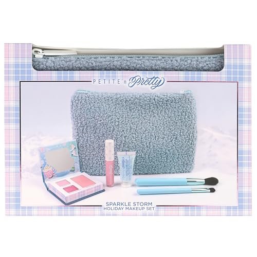 Petite 'n Pretty Sparkle Storm Makeup Gift Set for Kids, Tweens & Teens - Cool Vibes Eye & Cheek Palette, Brushes, 10K Shine Lip Gloss, Sparkly Ever After All Over Glitter in Blue Sherpa Bag Avelisse