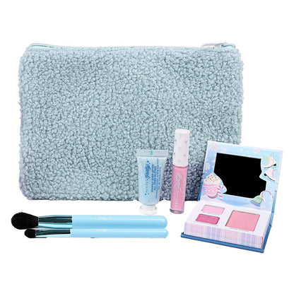 Petite 'n Pretty Sparkle Storm Makeup Gift Set for Kids, Tweens & Teens - Cool Vibes Eye & Cheek Palette, Brushes, 10K Shine Lip Gloss, Sparkly Ever After All Over Glitter in Blue Sherpa Bag Avelisse