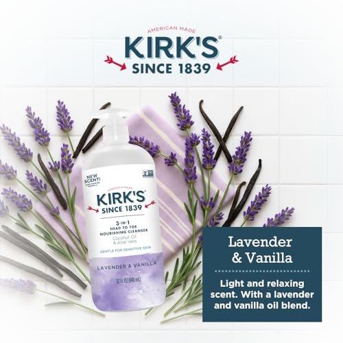 Kirk's 3-in-1 Head to Toe Nourishing Liquid Cleanser - Lavender & Vanilla, 32 Fl Oz - Premium Coconut Oil & Aloe Vera - Non GMO & Vegan for Men, Women & Children Avelisse