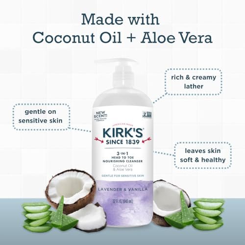 Kirk's 3-in-1 Head to Toe Nourishing Liquid Cleanser - Lavender & Vanilla, 32 Fl Oz - Premium Coconut Oil & Aloe Vera - Non GMO & Vegan for Men, Women & Children Avelisse