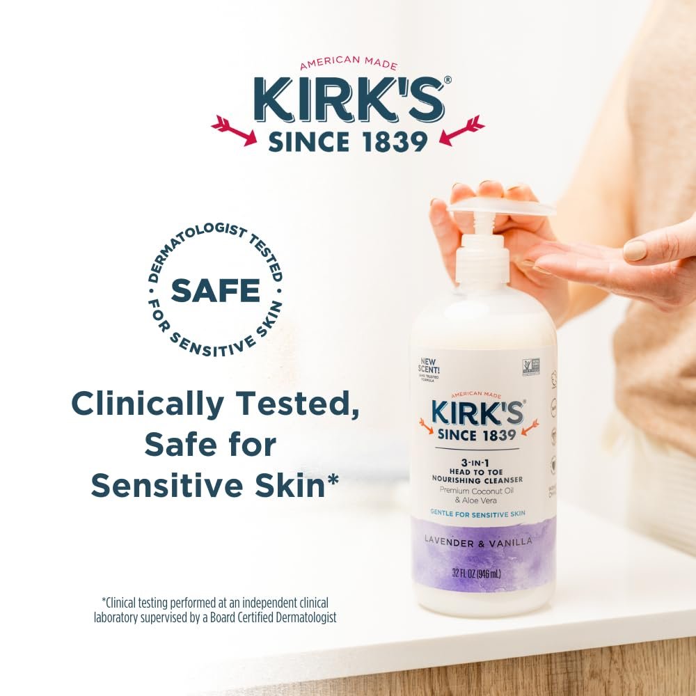 Kirk's 3-in-1 Head to Toe Nourishing Liquid Cleanser - Lavender & Vanilla, 32 Fl Oz - Premium Coconut Oil & Aloe Vera - Non GMO & Vegan for Men, Women & Children Avelisse