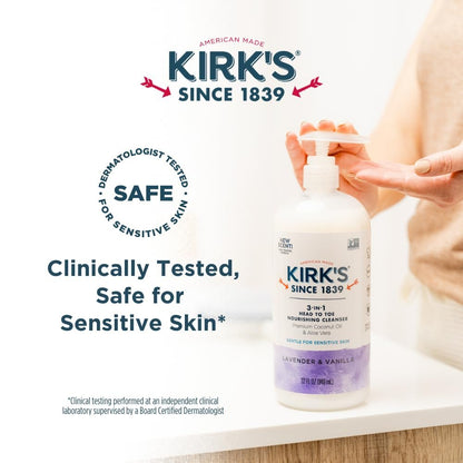 Kirk's 3-in-1 Head to Toe Nourishing Liquid Cleanser - Lavender & Vanilla, 32 Fl Oz - Premium Coconut Oil & Aloe Vera - Non GMO & Vegan for Men, Women & Children Avelisse