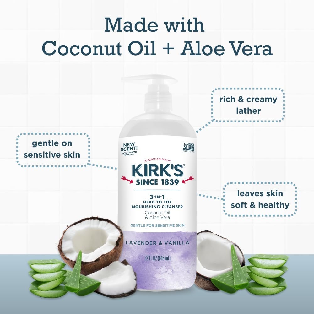 Kirk's 3-in-1 Head to Toe Nourishing Liquid Cleanser - Lavender & Vanilla, 32 Fl Oz - Premium Coconut Oil & Aloe Vera - Non GMO & Vegan for Men, Women & Children Avelisse