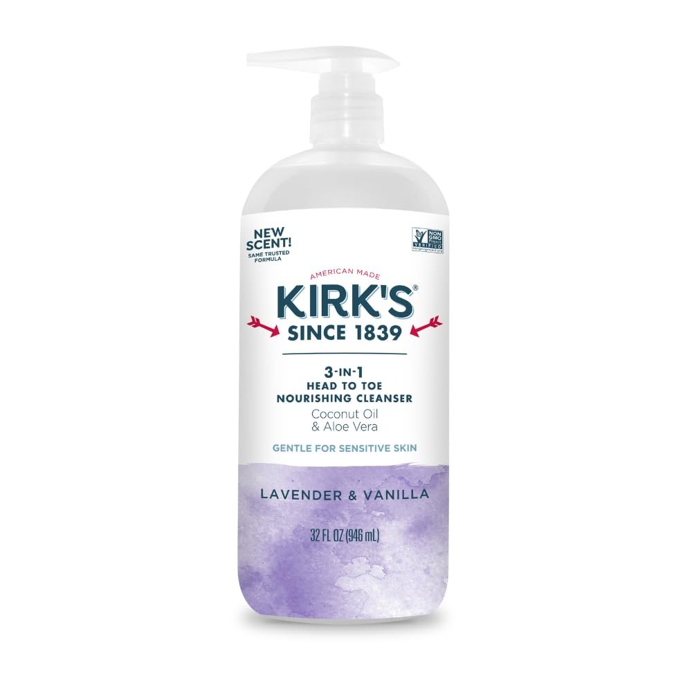 Kirk's 3-in-1 Head to Toe Nourishing Liquid Cleanser - Lavender & Vanilla, 32 Fl Oz - Premium Coconut Oil & Aloe Vera - Non GMO & Vegan for Men, Women & Children Avelisse