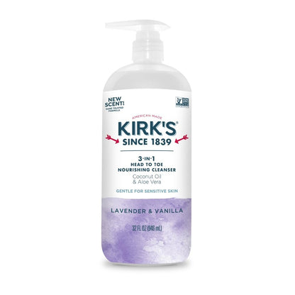 Kirk's 3-in-1 Head to Toe Nourishing Liquid Cleanser - Lavender & Vanilla, 32 Fl Oz - Premium Coconut Oil & Aloe Vera - Non GMO & Vegan for Men, Women & Children Avelisse