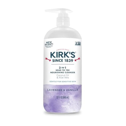 Kirk's 3-in-1 Head to Toe Nourishing Liquid Cleanser - Lavender & Vanilla, 32 Fl Oz - Premium Coconut Oil & Aloe Vera - Non GMO & Vegan for Men, Women & Children Avelisse