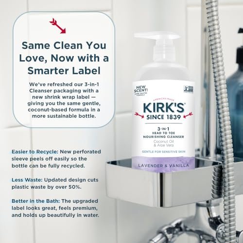 Kirk's 3-in-1 Head to Toe Nourishing Liquid Cleanser - Lavender & Vanilla, 32 Fl Oz - Premium Coconut Oil & Aloe Vera - Non GMO & Vegan for Men, Women & Children Avelisse