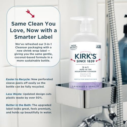 Kirk's 3-in-1 Head to Toe Nourishing Liquid Cleanser - Lavender & Vanilla, 32 Fl Oz - Premium Coconut Oil & Aloe Vera - Non GMO & Vegan for Men, Women & Children Avelisse