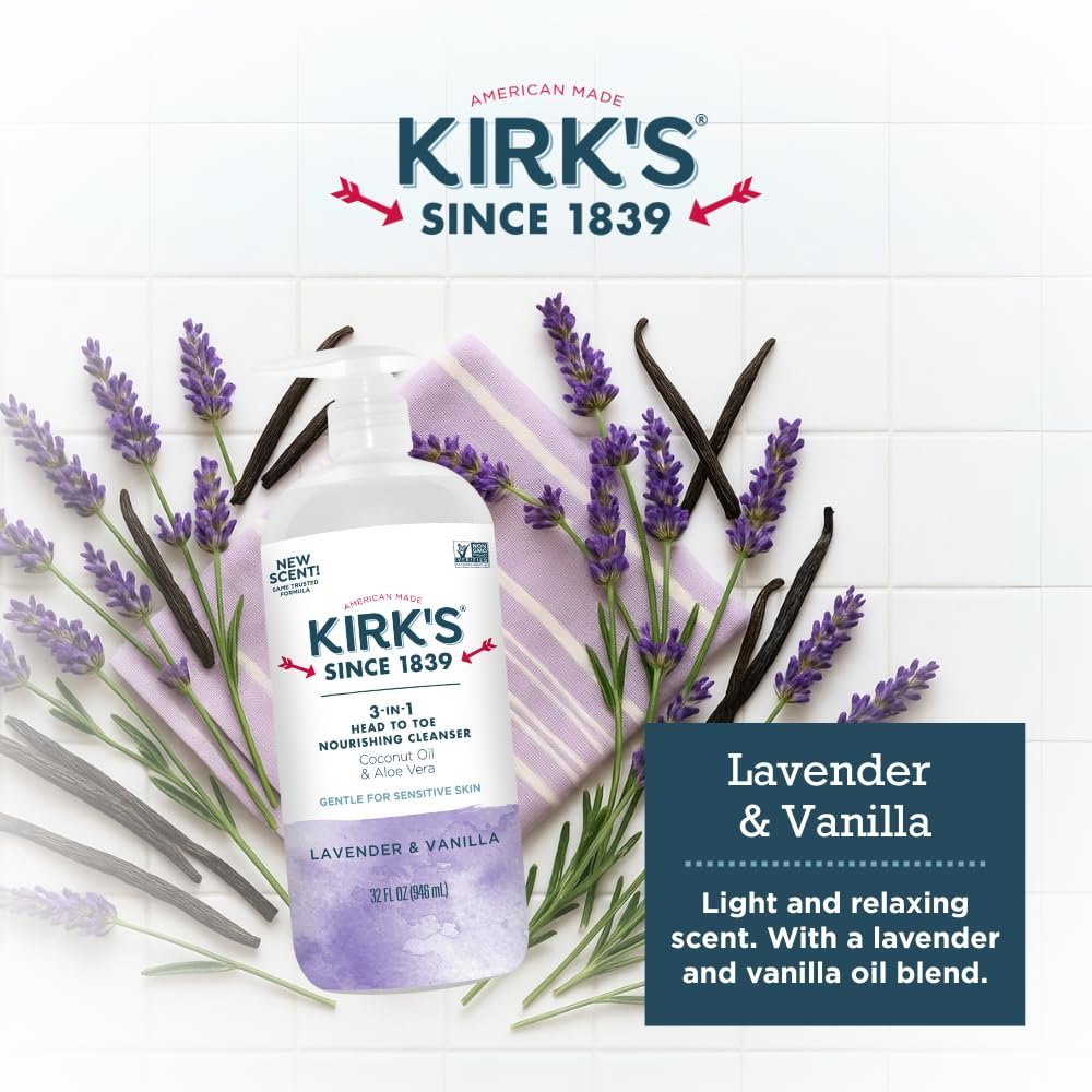 Kirk's 3-in-1 Head to Toe Nourishing Liquid Cleanser - Lavender & Vanilla, 32 Fl Oz - Premium Coconut Oil & Aloe Vera - Non GMO & Vegan for Men, Women & Children Avelisse
