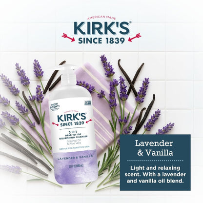 Kirk's 3-in-1 Head to Toe Nourishing Liquid Cleanser - Lavender & Vanilla, 32 Fl Oz - Premium Coconut Oil & Aloe Vera - Non GMO & Vegan for Men, Women & Children Avelisse