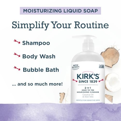 Kirk's 3-in-1 Head to Toe Nourishing Liquid Cleanser - Lavender & Vanilla, 32 Fl Oz - Premium Coconut Oil & Aloe Vera - Non GMO & Vegan for Men, Women & Children Avelisse