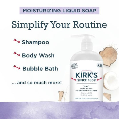 Kirk's 3-in-1 Head to Toe Nourishing Liquid Cleanser - Lavender & Vanilla, 32 Fl Oz - Premium Coconut Oil & Aloe Vera - Non GMO & Vegan for Men, Women & Children Avelisse