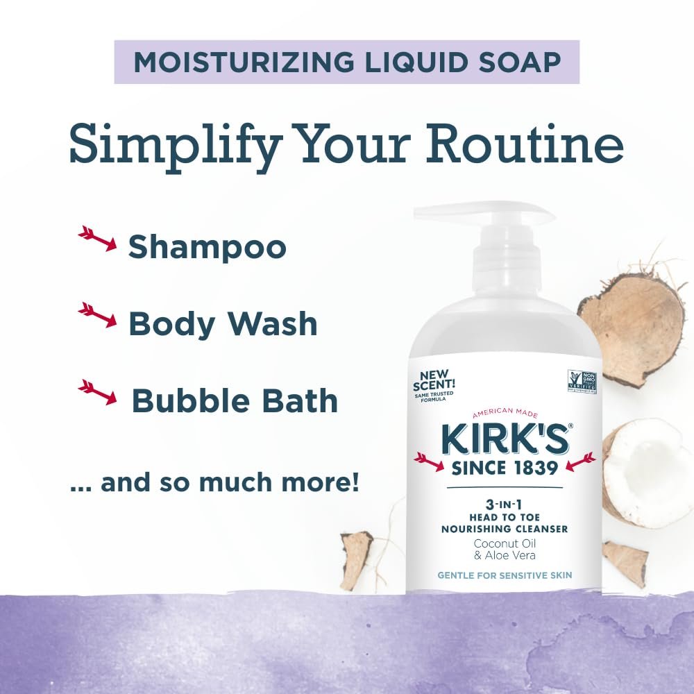 Kirk's 3-in-1 Head to Toe Nourishing Liquid Cleanser - Lavender & Vanilla, 32 Fl Oz - Premium Coconut Oil & Aloe Vera - Non GMO & Vegan for Men, Women & Children Avelisse