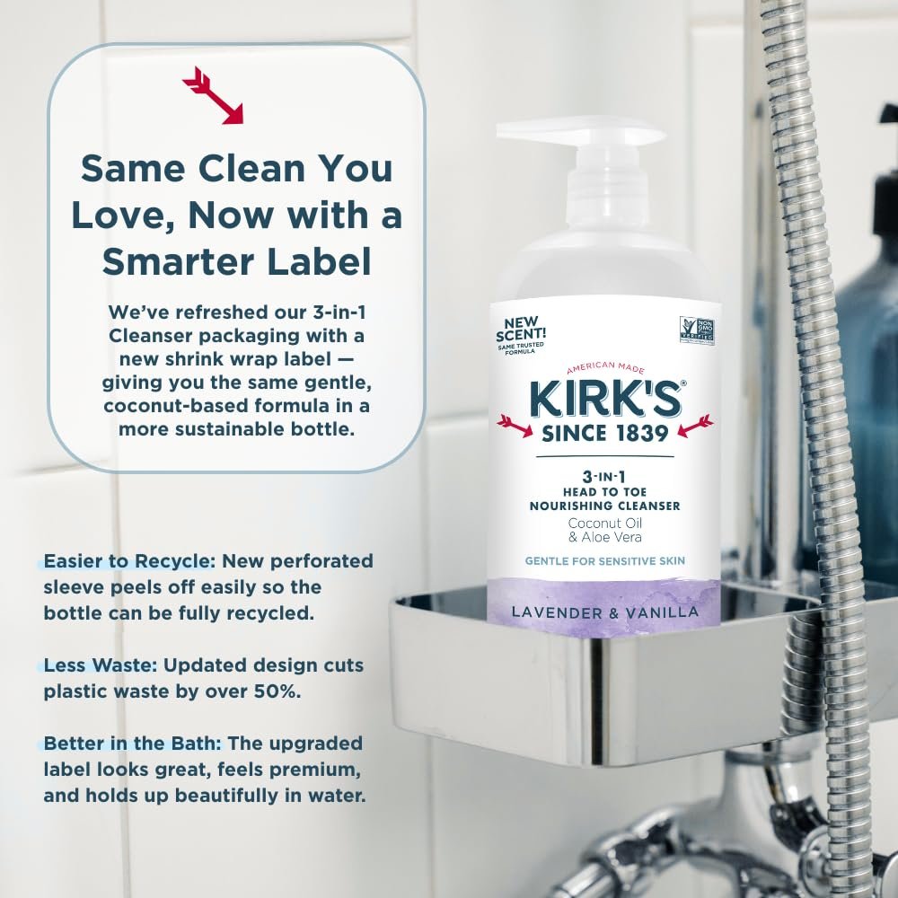 Kirk's 3-in-1 Head to Toe Nourishing Liquid Cleanser - Lavender & Vanilla, 32 Fl Oz - Premium Coconut Oil & Aloe Vera - Non GMO & Vegan for Men, Women & Children Avelisse