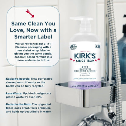 Kirk's 3-in-1 Head to Toe Nourishing Liquid Cleanser - Lavender & Vanilla, 32 Fl Oz - Premium Coconut Oil & Aloe Vera - Non GMO & Vegan for Men, Women & Children Avelisse