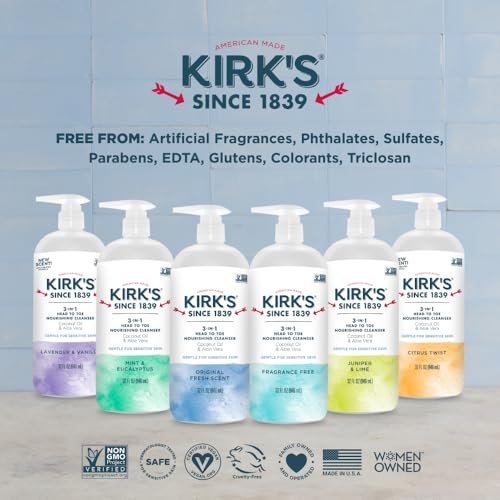 Kirk's 3-in-1 Head to Toe Nourishing Liquid Cleanser - Lavender & Vanilla, 32 Fl Oz - Premium Coconut Oil & Aloe Vera - Non GMO & Vegan for Men, Women & Children Avelisse