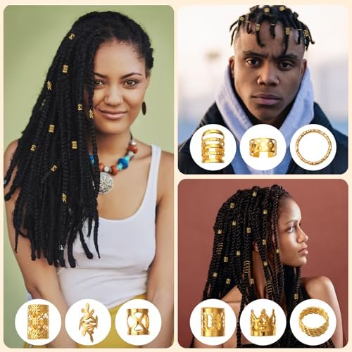 CPOXITI 220-Piece Gold Metal Hair Charms for Dreadlocks – Braids Rings, Cuffs & Clips Set - görsel 12