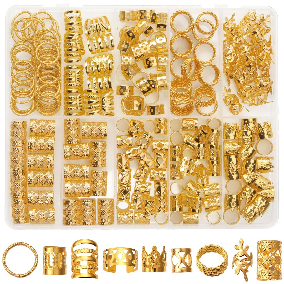 CPOXITI 220-Piece Gold Metal Hair Charms for Dreadlocks – Braids Rings, Cuffs & Clips Set - görsel 1