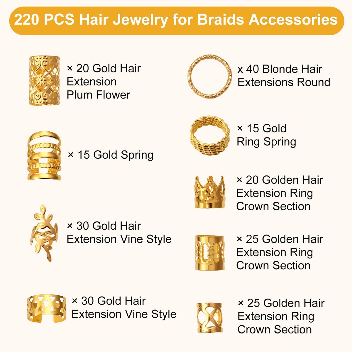 CPOXITI 220-Piece Gold Metal Hair Charms for Dreadlocks – Braids Rings, Cuffs & Clips Set - görsel 7