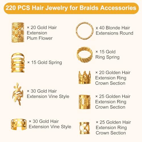 CPOXITI 220-Piece Gold Metal Hair Charms for Dreadlocks – Braids Rings, Cuffs & Clips Set - görsel 8