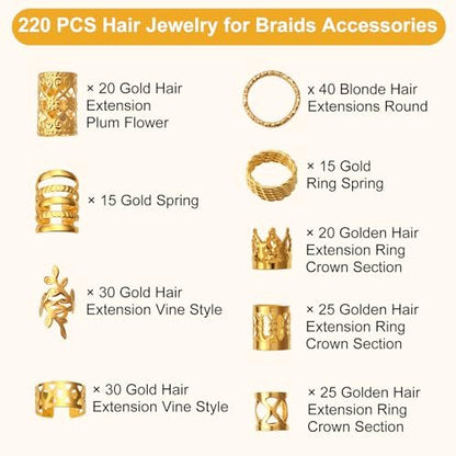 CPOXITI 220-Piece Gold Metal Hair Charms for Dreadlocks – Braids Rings, Cuffs & Clips Set