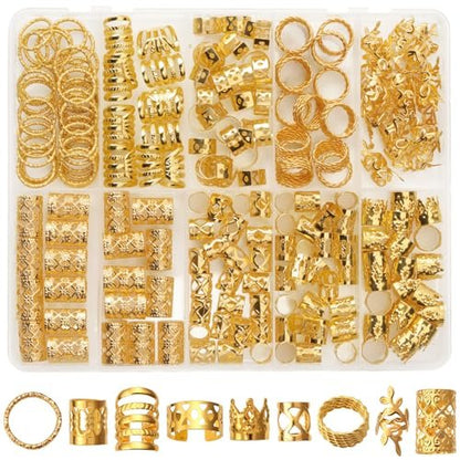 CPOXITI 220-Piece Gold Metal Hair Charms for Dreadlocks – Braids Rings, Cuffs & Clips Set