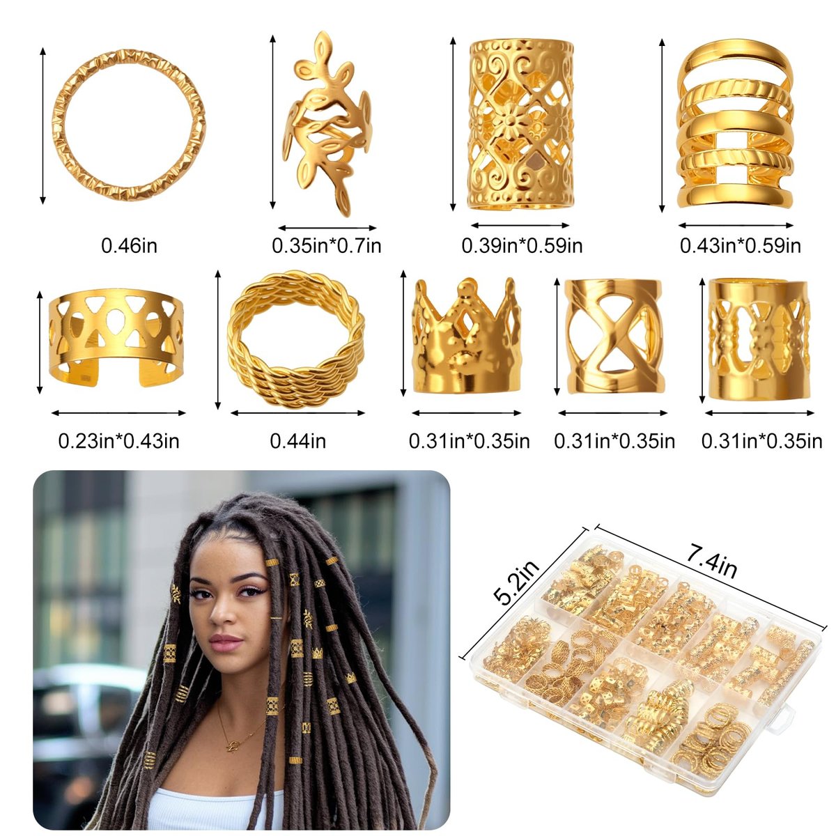 CPOXITI 220-Piece Gold Metal Hair Charms for Dreadlocks – Braids Rings, Cuffs & Clips Set - görsel 3