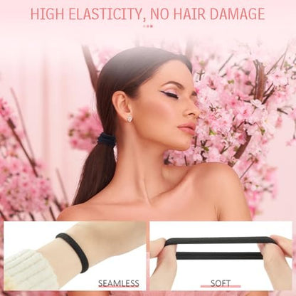 100 PCS AOHIEDI No Damage Hair Ties for Women Girls - Elastic Hair Bands for All Hair Types, Thick or Thin, Ponytail Holders Easy to Remove and Don't Get Tangled, Upgrade, Black