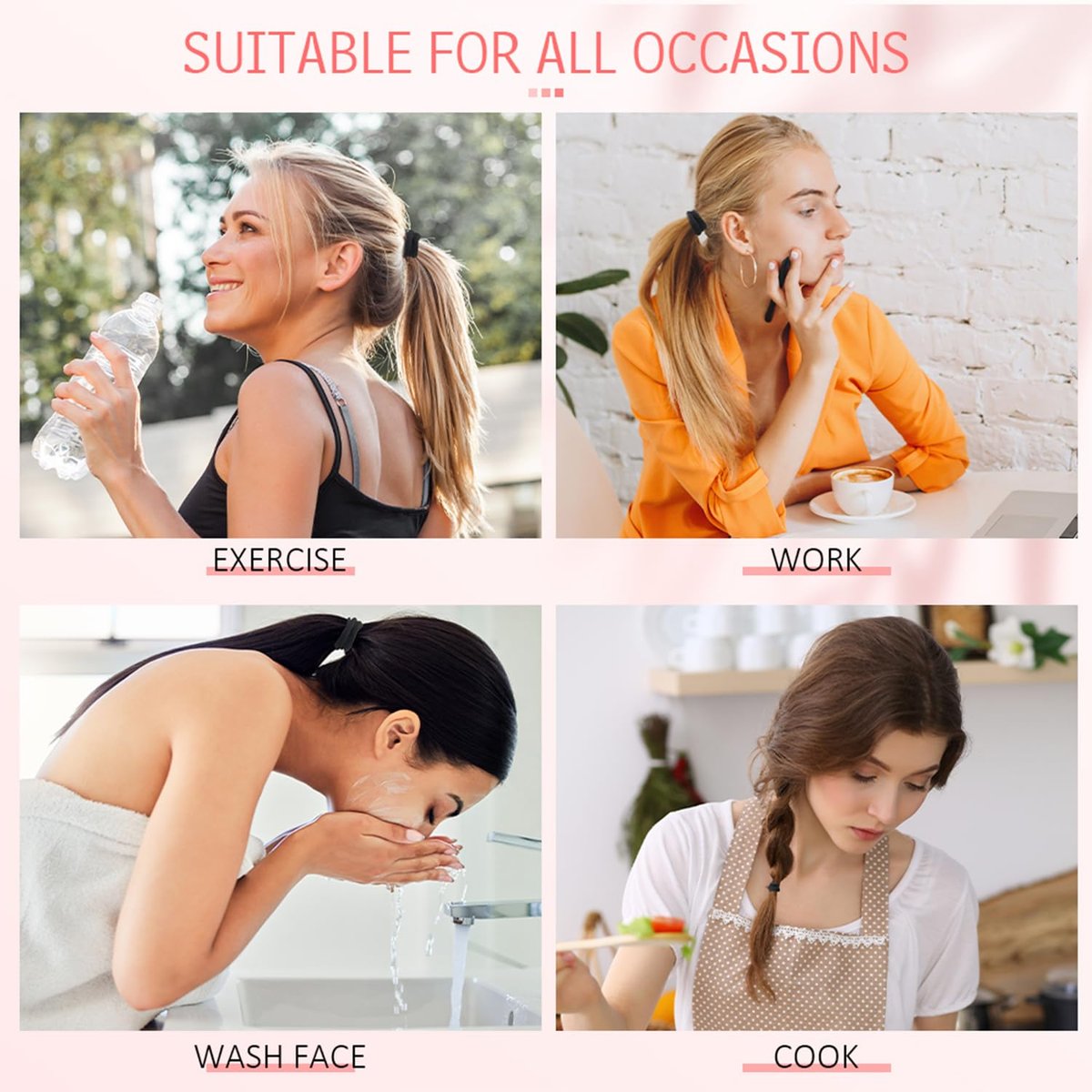 100 PCS AOHIEDI No Damage Hair Ties for Women Girls - Elastic Hair Bands for All Hair Types, Thick or Thin, Ponytail Holders Easy to Remove and Don't Get Tangled, Upgrade, Black - görsel 5