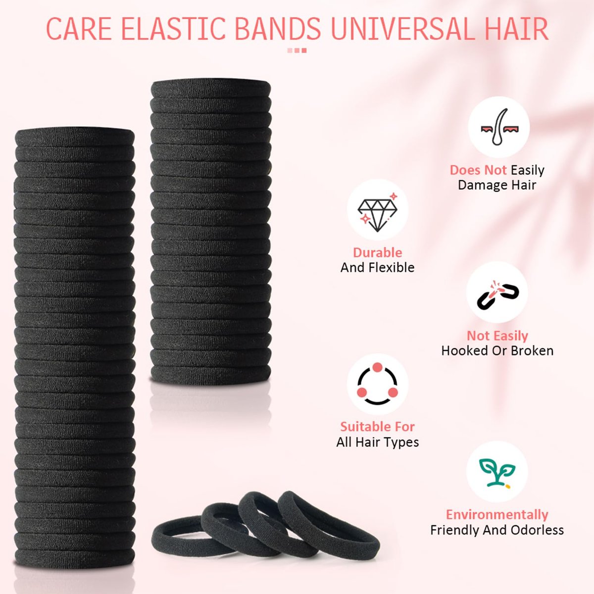 100 PCS AOHIEDI No Damage Hair Ties for Women Girls - Elastic Hair Bands for All Hair Types, Thick or Thin, Ponytail Holders Easy to Remove and Don't Get Tangled, Upgrade, Black - görsel 3