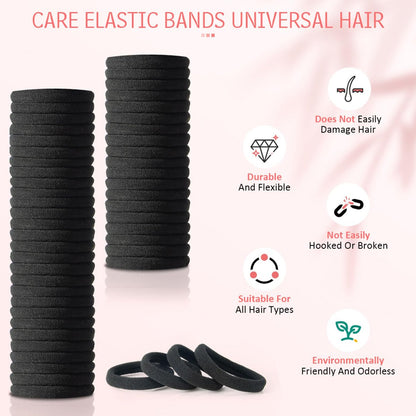 100 PCS AOHIEDI No Damage Hair Ties for Women Girls - Elastic Hair Bands for All Hair Types, Thick or Thin, Ponytail Holders Easy to Remove and Don't Get Tangled, Upgrade, Black
