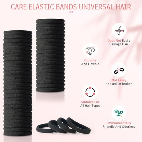 100 PCS AOHIEDI No Damage Hair Ties for Women Girls - Elastic Hair Bands for All Hair Types, Thick or Thin, Ponytail Holders Easy to Remove and Don't Get Tangled, Upgrade, Black - görsel 4