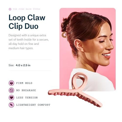 Gimme Beauty Loop Claw Clip Duo - Gentle Hold for All Hair Types - Non-Slip Daily Styling Clips for Fine & Short Hair - Black & Tan (2 Pack)